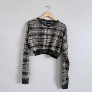 Vtg Basic Editions Grunge Cropped Plaid Crew Neck Sweater Green Fall Size M/L